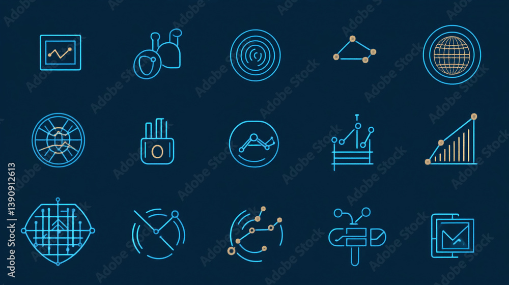 Poster blue data analysis and science icon set for business and technology presentation and infographics