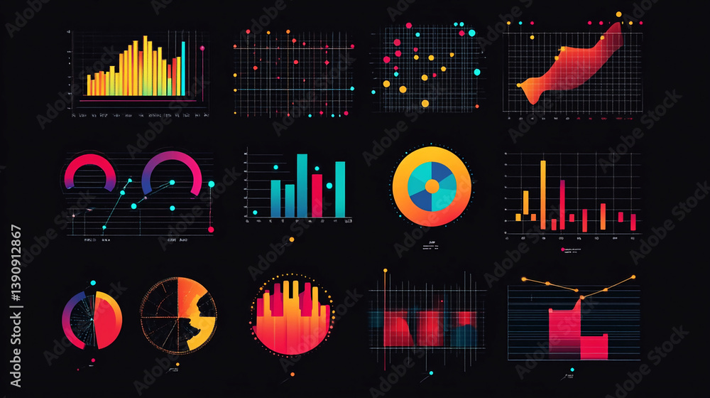 Poster data visualization charts graphs and diagrams for business analysis and presentation on black backgr