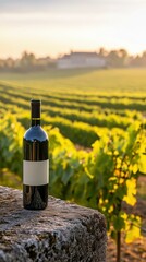 Fototapeta premium Mockup of wine bottle with vineyard background in Bordeaux, France at sunset for commercial use