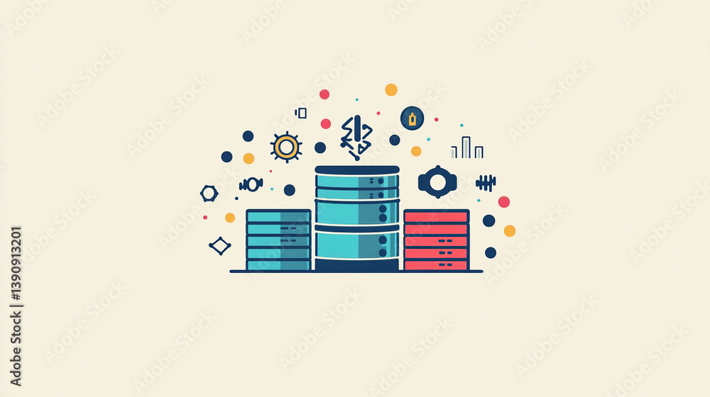Poster vector illustration of database server hosting and cloud data storage technology concept design art 