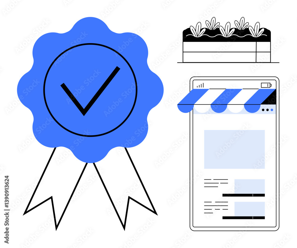 Poster blue certification ribbon with checkmark, webpage with storefront header, and rectangular gardening 