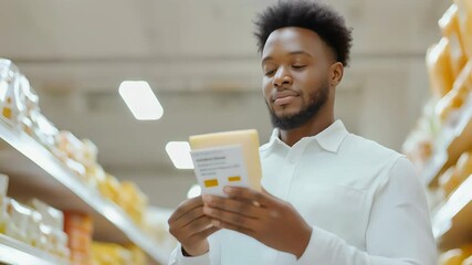 Grocery Shopping: Man checking cheese label in supermarket aisle Informed consumer making healthy choices