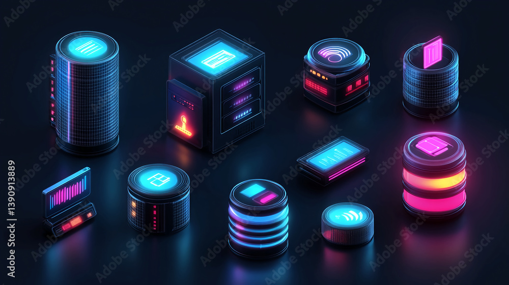 Poster futuristic neon server rack icons digital technology database system ai data storage network element