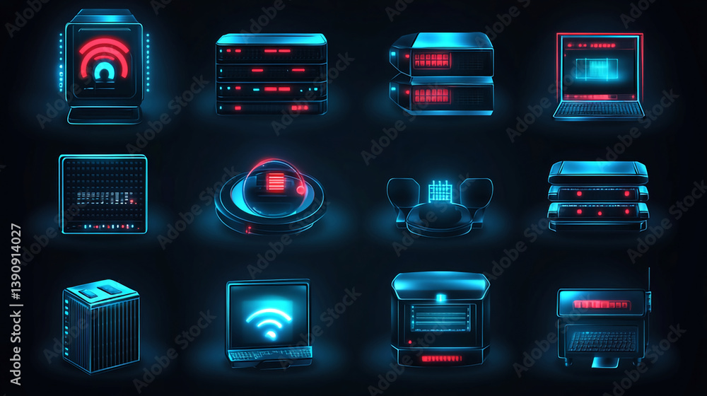 Poster neon server rack data center hosting network technology it infrastructure cloud computing system ico