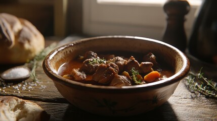  Hearty homemade goulash in rustic bowl with herbs and bread on wooden table setting