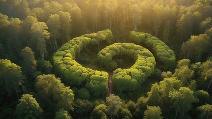 A dense, vibrant green forest with a large recycle symbol