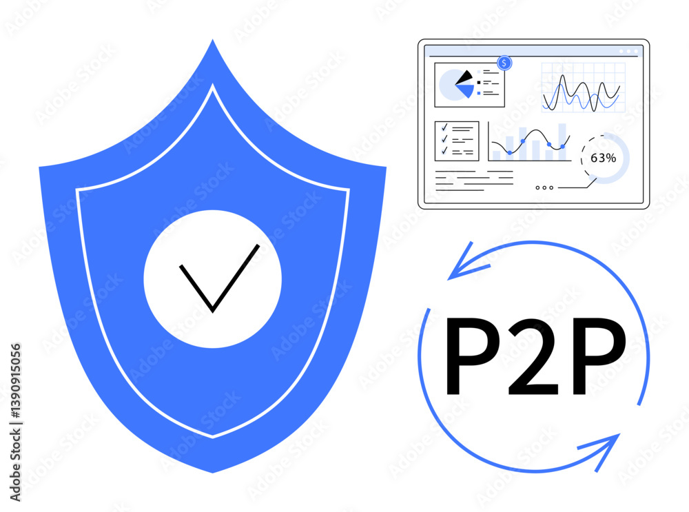 Poster shield with checkmark for security, analytics dashboard, and p2p symbol with arrows. ideal for cyber