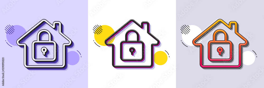 Poster lock line icon. halftone dotted pattern. gradient icon with grain shadow. home protection sign. hous
