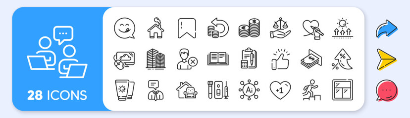 Cloud computing, Home and Leader run line icons. Interest rate, AI generate, Inflation icons. Pack of Currency, Remove account, Furniture moving icon. Vector