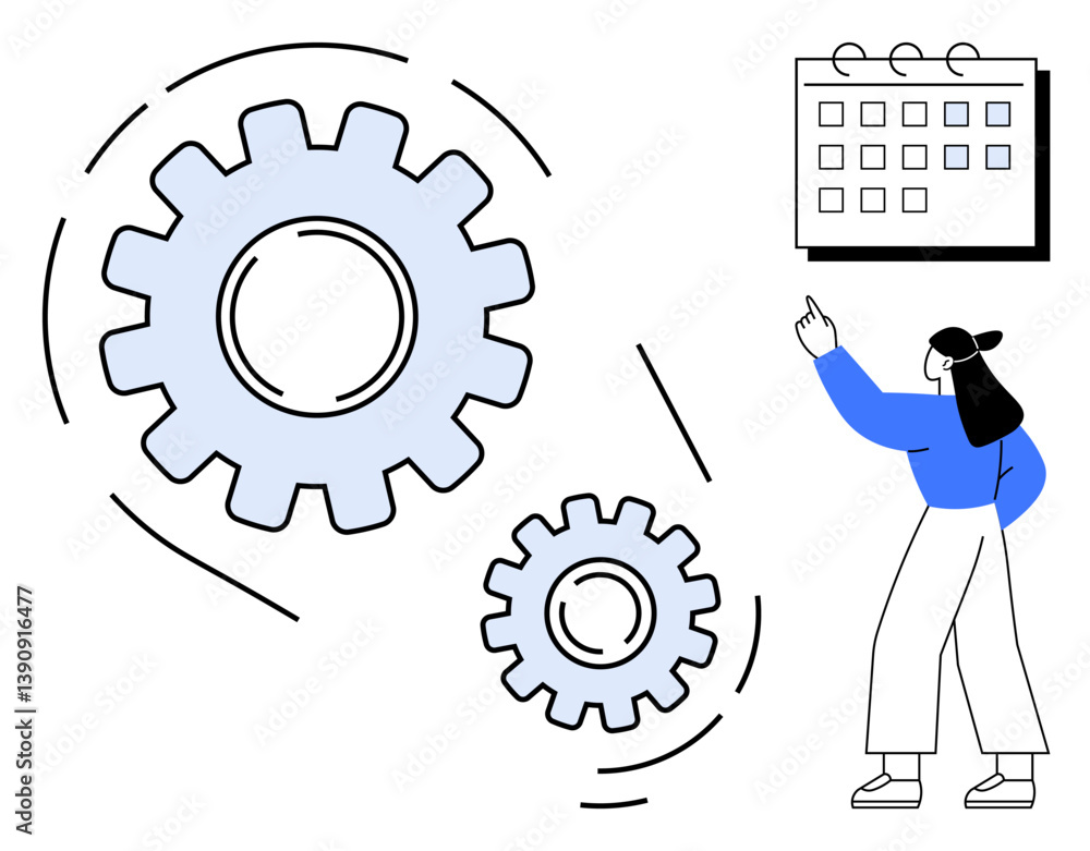 Poster woman gestures toward a calendar next to large moving gears symbolizing workflow and productivity. i
