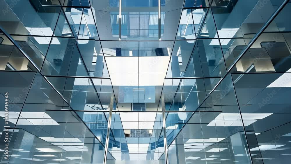Poster modern interior design with mirrored ceiling panels, enhancing spatial perception and architectural 