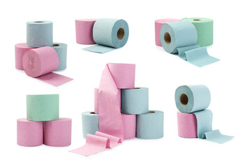 Colorful toilet paper rolls isolated on white, set
