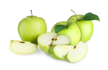 Fresh juicy green apples isolated on white. Whole and sliced