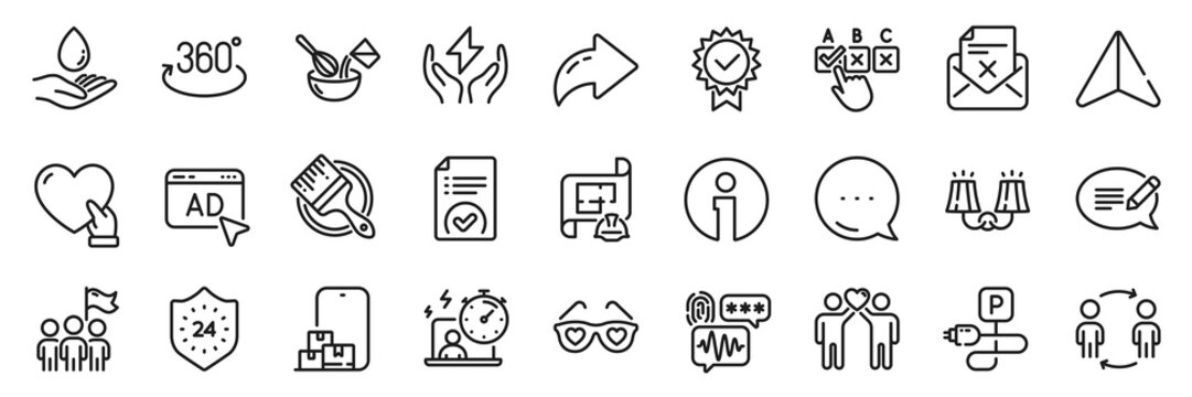 Certificate, Water care and 24 hours line icons pack. Share, Message, Paper plane icons. Sconce light, Biometric security, Correct checkbox web icon. Approved document, Volunteer, Ad pictogram. Vector