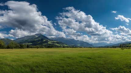 Obraz premium Panoramic natural landscape with green grass field, blue sky with clouds and mountains in background.