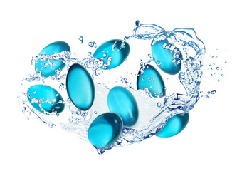 Many pills and splashes of water in air on white background