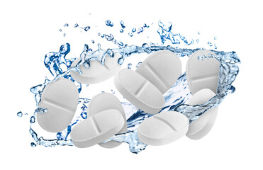 Many pills and splashes of water in air on white background