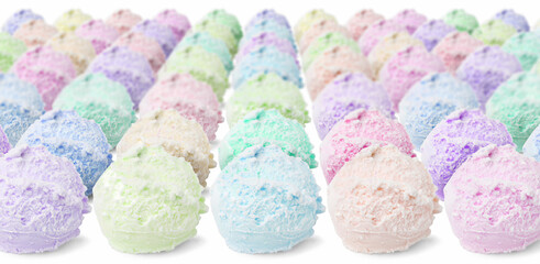 Yummy ice cream of different flavors. Colorful scoops on white background
