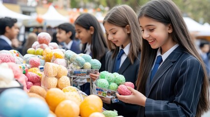 Girls in school uniforms happily shopping colorful sweets at a market.
