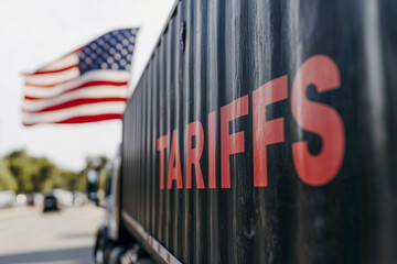 A close-up view of a shipping container marked "TARIFFS," with an American flag waving in the background. The image evokes a sense of economic tension and trade dynamics.