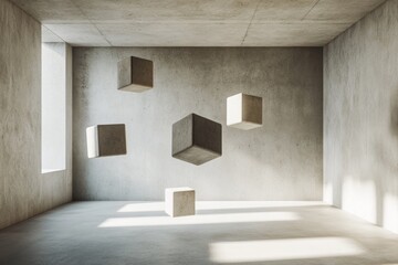 Minimalist concrete room with floating cubes.  A modern, empty space with muted light and simple, geometric forms.  Floating concrete cubes are suspended in the air.