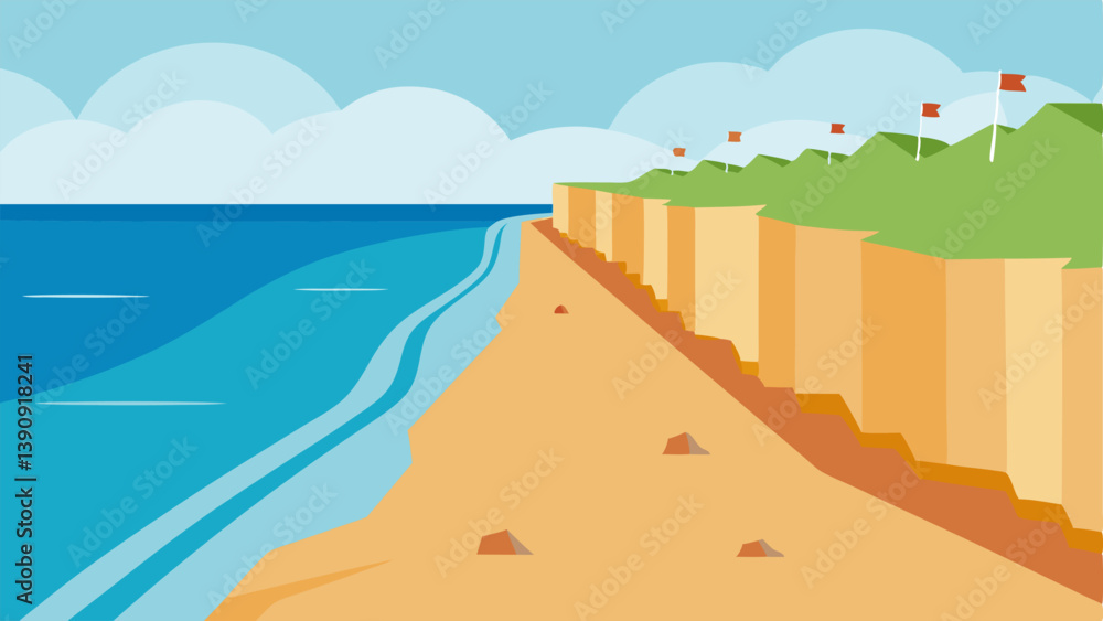 Poster eroding shoreline a side view of a beachfront showing a sandy shore that has significantly receded w