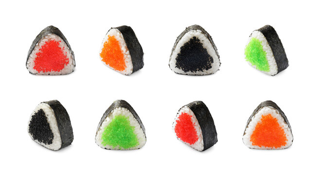 Tasty onigiri with tobiko isolated on white, set