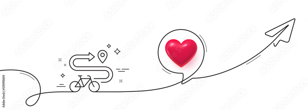 Poster bike path line icon. continuous line with share plane. delivery bicycle transport sign. sport activi