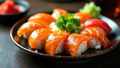 Vibrant sushi platter, chopsticks, ginger, wasabi, healthy, chopsticks