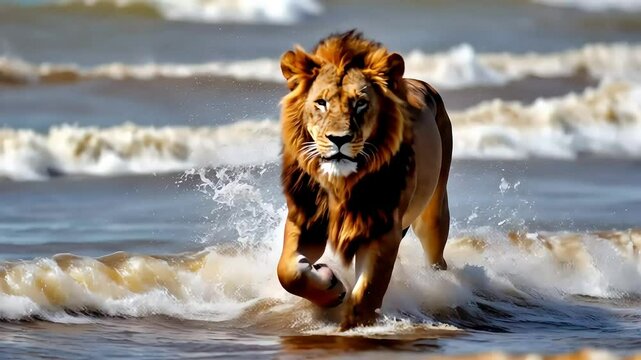 Majestic lion walking on a serene beach at sunrise with golden light.
