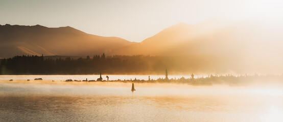 A golden morning by a lake.