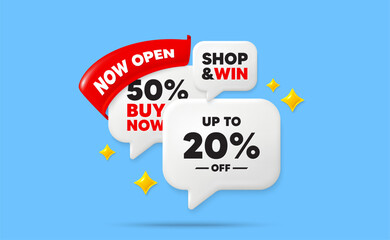 Discount tag speech bubbles. Now open flag ribbon. Up to 20 percent off sale. Discount offer price sign. Special offer symbol. Save 20 percentages. Discount chat bubbles with 3d sparkles. Vector