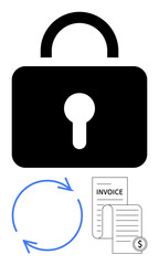 Large lock symbol indicating security, cyclical blue arrows representing recurring processes, and invoices for financial activities. Ideal for finance, security, workflow, e-commerce, encryption