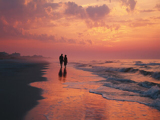 Couple Walking on Beach at Sunset