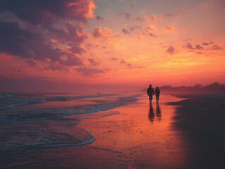 Fototapeta premium Couple Walking on Beach at Sunset