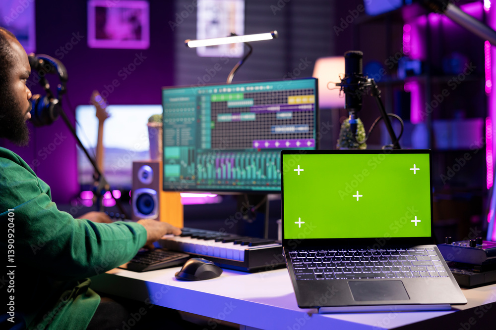 Fototapete Composer mixing and mastering tracks on professional software, isolated mockup screen. Technician adding sound effects and adjusting volume levels with console, producing new music.