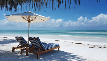 Obraz premium Two blue stripped beach chairs are placed under a striped umbrella located on a sandy beach