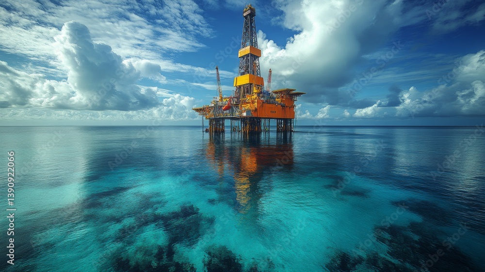 Poster a large offshore drilling rig extends its structures above tranquil waters, reflecting the vibrant b