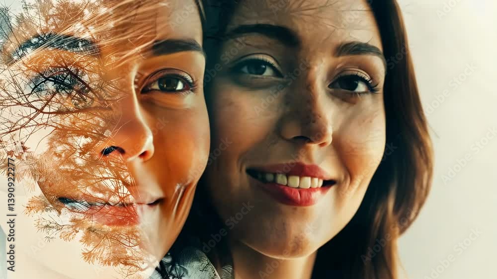 Poster multiple exposure image: one face smiling, the other with furrowed brows, illustrating the dual natu