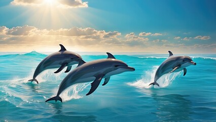 Two dolphins swimming in clear blue ocean water with sunlight streaming through the surface