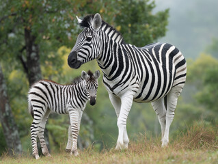 Zebra mare and foal in nature
