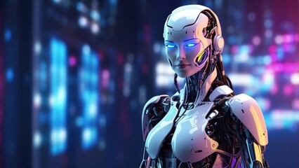 A futuristic robotic figure with a digital