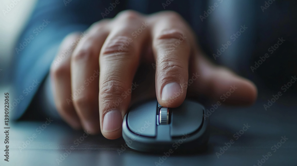 Poster using computer mouse for work or gaming hand on mouse clicking scrolling for productivity and effici