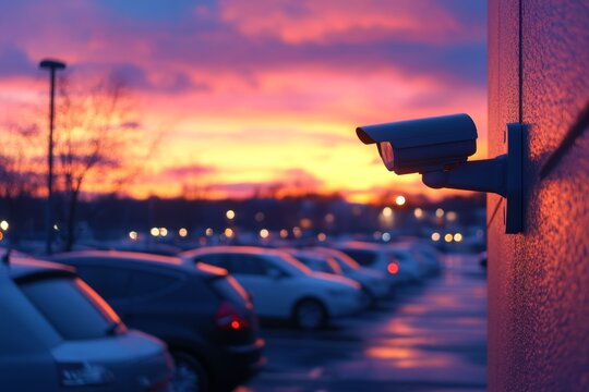 Security camera at dusk over a parking lot