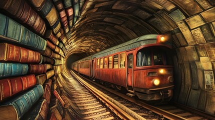 Train travels through a tunnel lined with bookshelves fantasy concept.