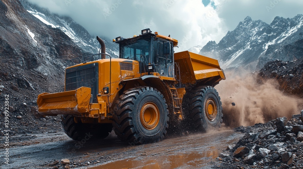 Aufkleber A powerful mining truck is actively transporting excavated materials through a rugged area, surrounded by steep mountains and dust clouds rising around it.