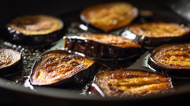 Eggplant being pan-fried in soy glaze, caramelizing