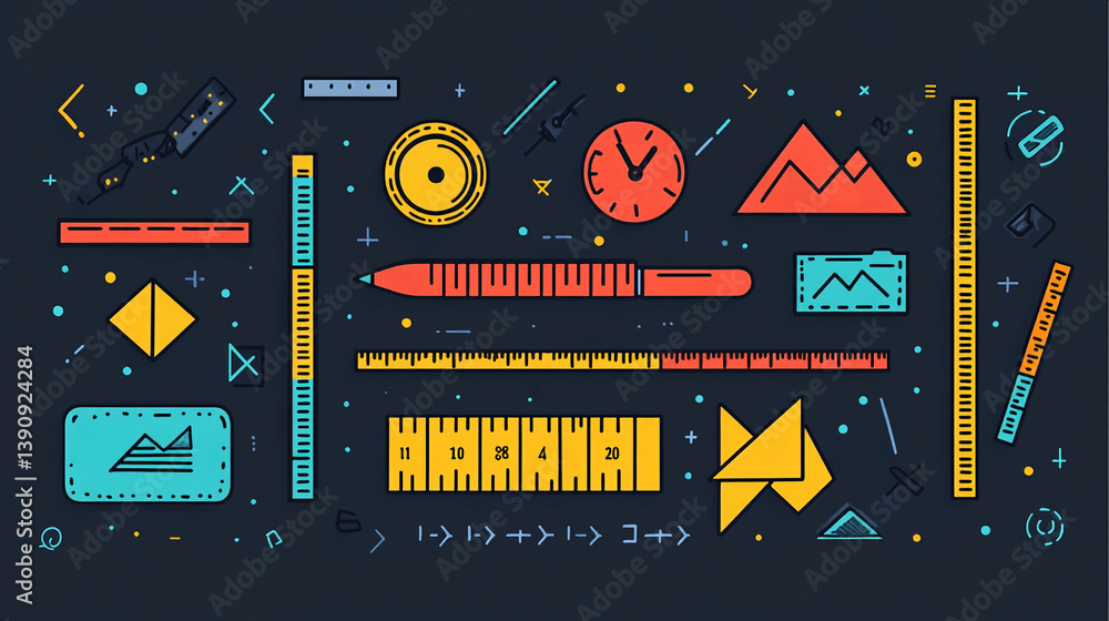 Poster vector graphic design with rulers clock compass and geometric shapes for creative projects and illus