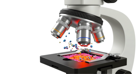 Microscope science research lab biology medical equipment analysis zoom lens scientific tool study 3d render
