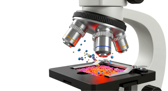 Microscope science research lab biology medical equipment analysis zoom lens scientific tool study 3d render